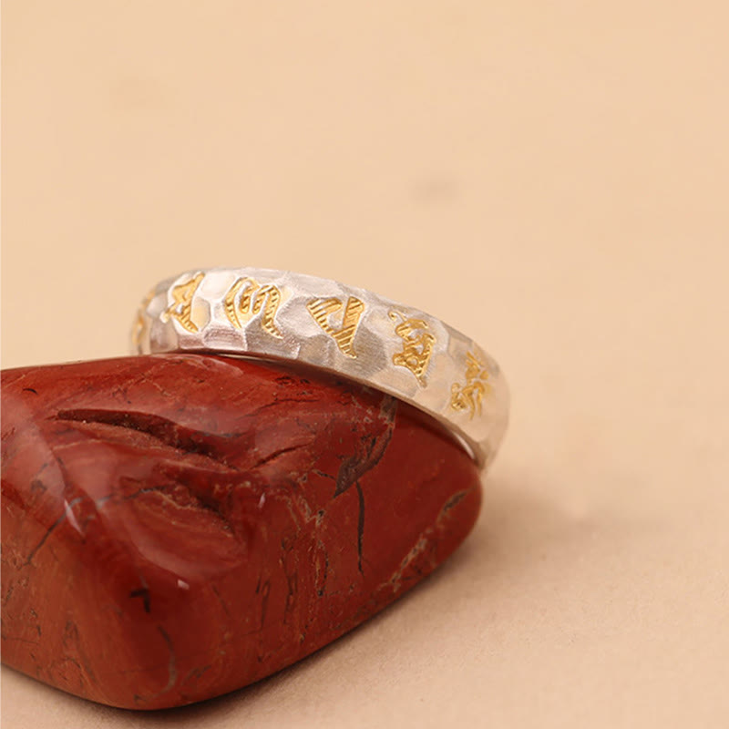 Nimara Ritual Hammer Pattern Om Mani Padme Hum Copper Plated Silver Wealth Ring