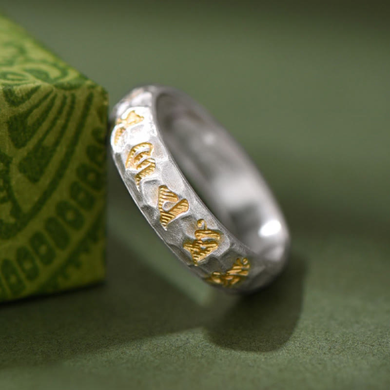 Nimara Ritual Hammer Pattern Om Mani Padme Hum Copper Plated Silver Wealth Ring