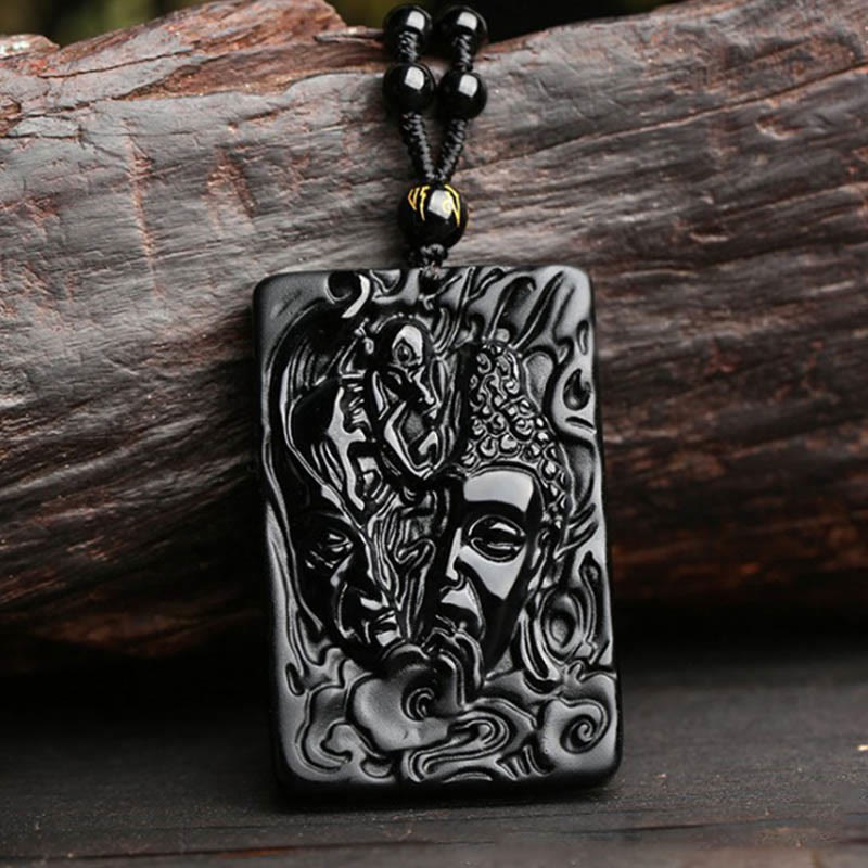 Nimara Ritual Natural Black Obsidian Buddha Devil Pattern Strength Necklace Pendant