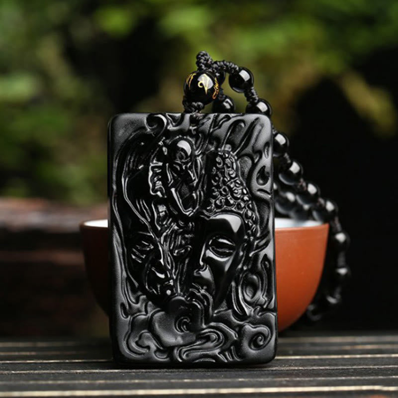 Nimara Ritual Natural Black Obsidian Buddha Devil Pattern Strength Necklace Pendant