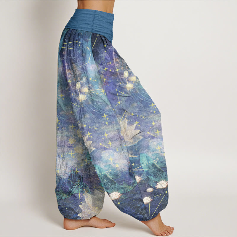 Nimara Ritual Pure Cotton Koi Fish Lotus Moon Stars Pattern Women's Elastic Waist Harem Pants