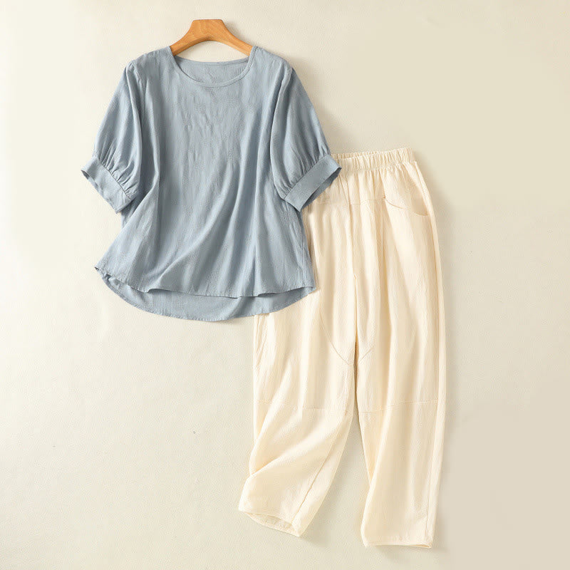 Nimara Ritual 2pcs Plain Women's Short Sleeve Shirt Harem Pants Meditation Clothing Set