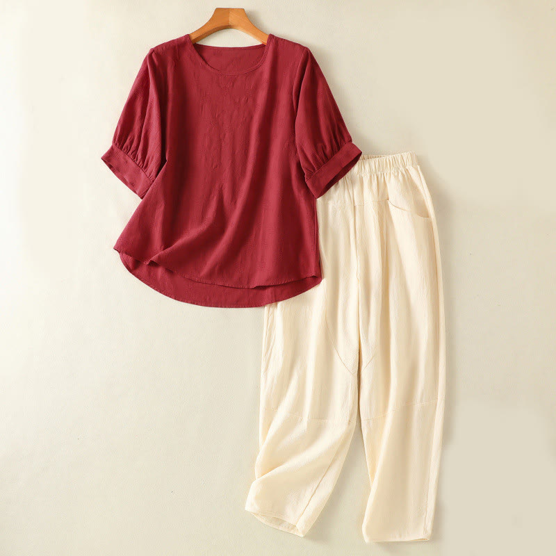 Nimara Ritual 2pcs Plain Women's Short Sleeve Shirt Harem Pants Meditation Clothing Set