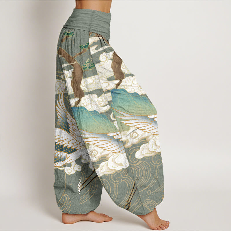 Nimara Ritual Pure Cotton Flying Cranes Auspicious Clouds Tree women's Elastic Waist Harem Pants