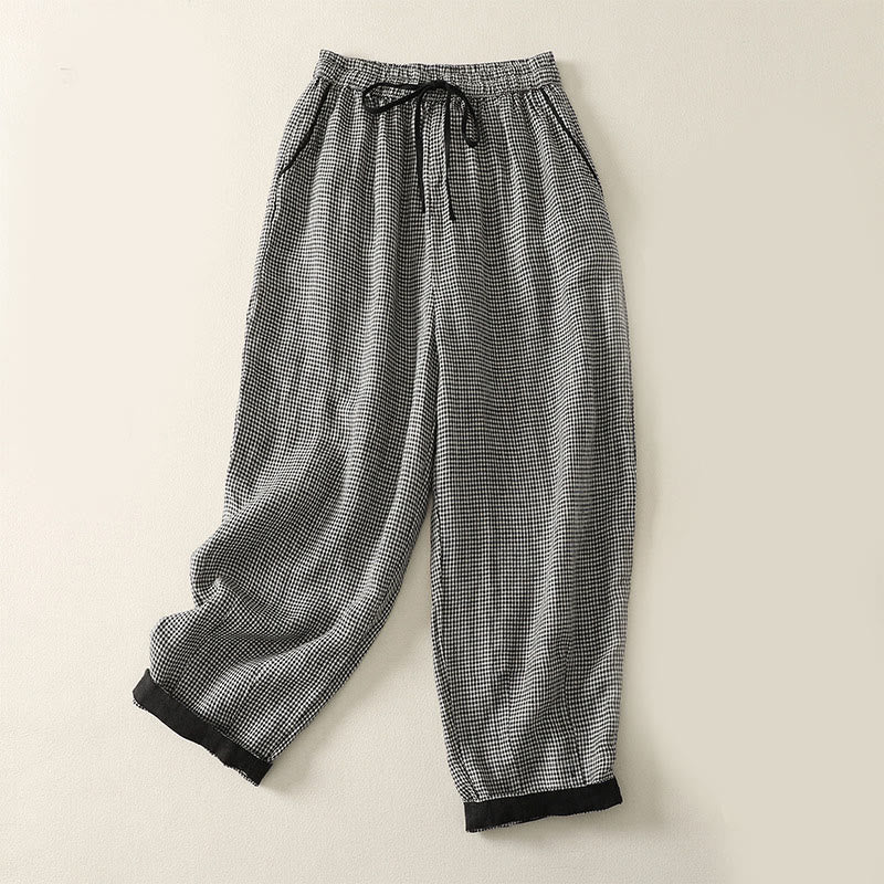 Nimara Ritual Plaid Pattern Drawstring Women's Cotton Linen Harem Pants With Pockets