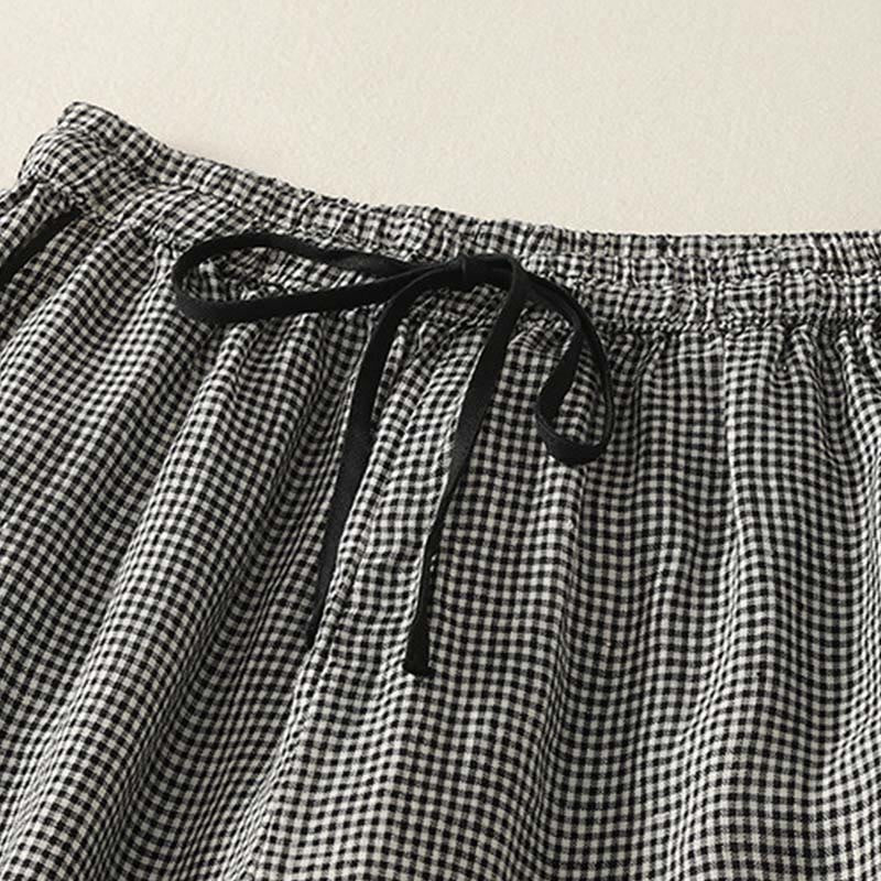 Nimara Ritual Plaid Pattern Drawstring Women's Cotton Linen Harem Pants With Pockets