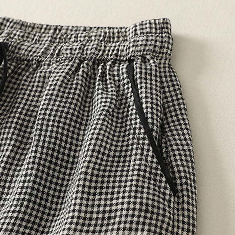 Nimara Ritual Plaid Pattern Drawstring Women's Cotton Linen Harem Pants With Pockets