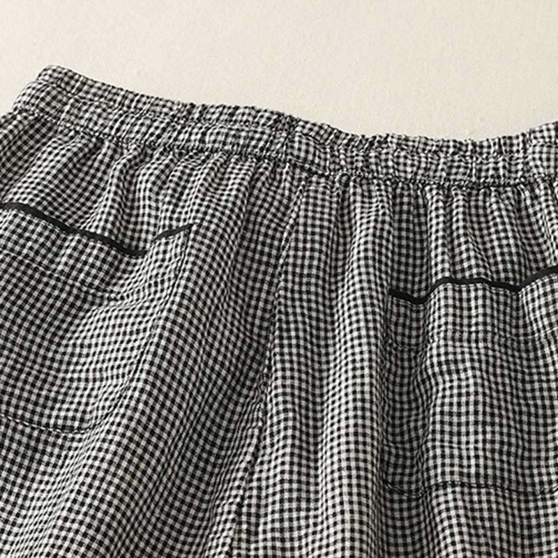 Nimara Ritual Plaid Pattern Drawstring Women's Cotton Linen Harem Pants With Pockets