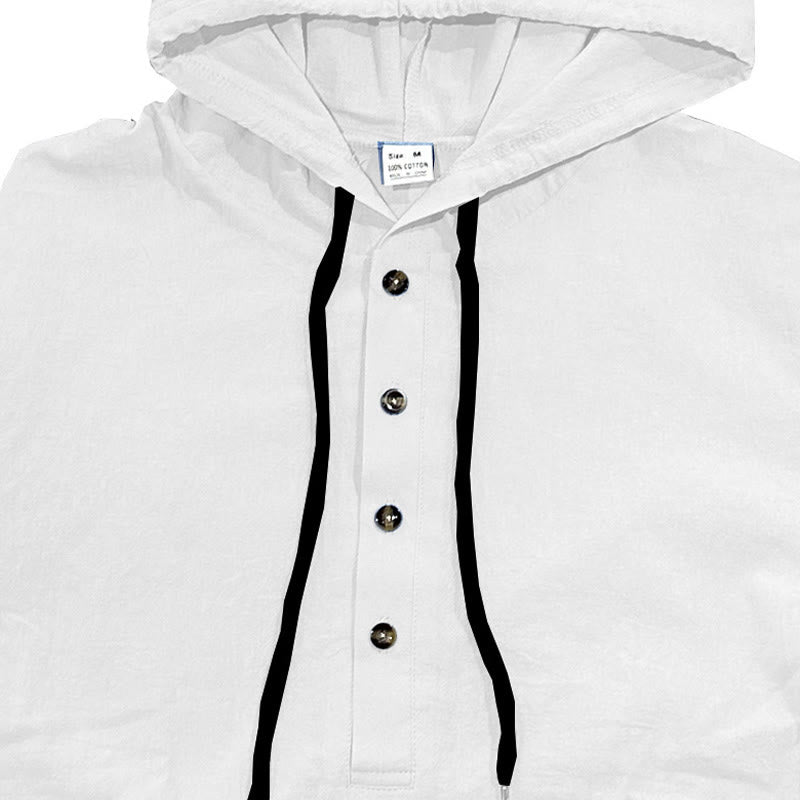 Nimara Ritual Solid Color Fall Half Buttons Men's Hooded Long Sleeve Cotton Shirt