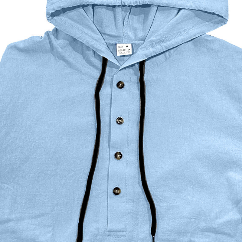 Nimara Ritual Solid Color Fall Half Buttons Men's Hooded Long Sleeve Cotton Shirt