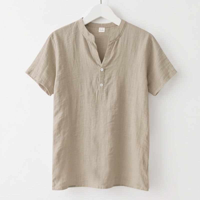 Nimara Ritual Solid Summer Short Sleeve Half Buttons Linen Men's Shirt