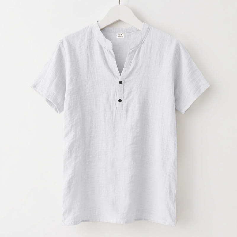 Nimara Ritual Solid Summer Short Sleeve Half Buttons Linen Men's Shirt
