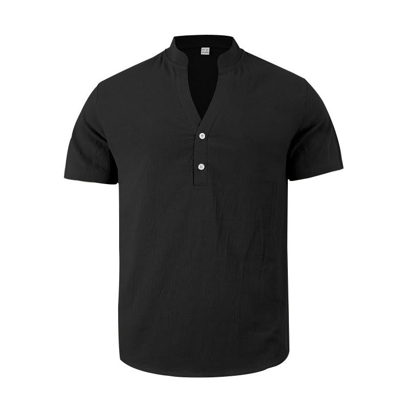 Nimara Ritual Solid Summer Short Sleeve Half Buttons Linen Men's Shirt