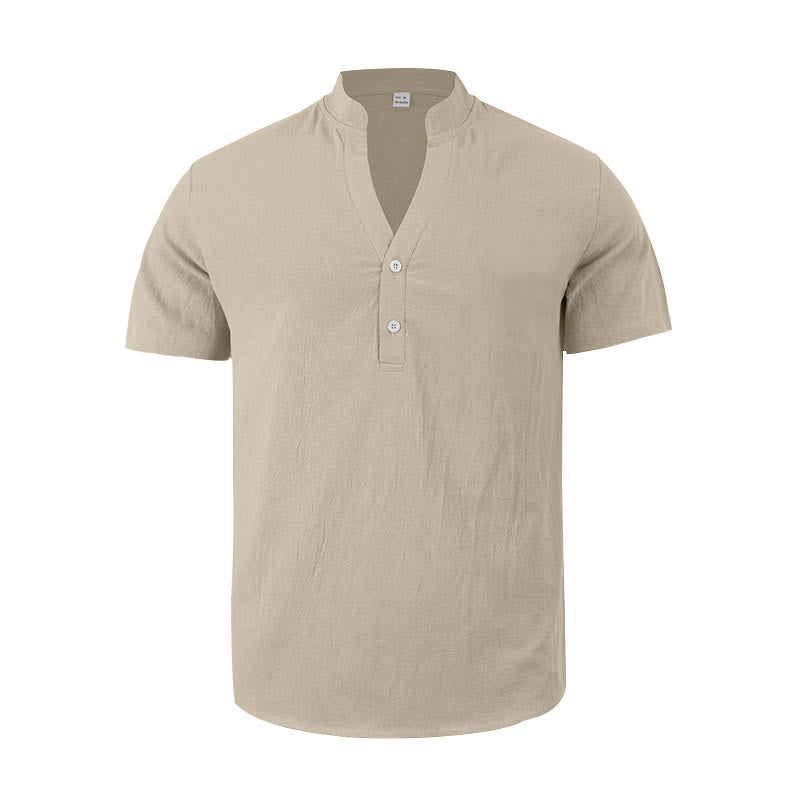 Nimara Ritual Solid Summer Short Sleeve Half Buttons Linen Men's Shirt