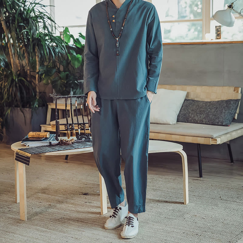 Nimara Ritual 2Pcs Shirt Ankle-Length Pants With Pockets Men's Meditation Cloth Set