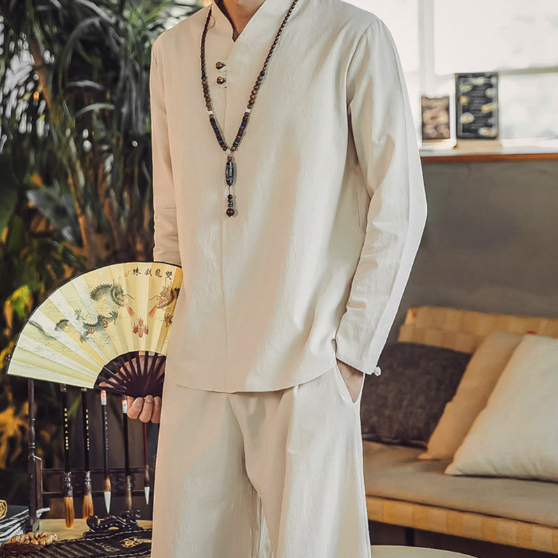 Nimara Ritual 2Pcs Shirt Ankle-Length Pants With Pockets Men's Meditation Cloth Set