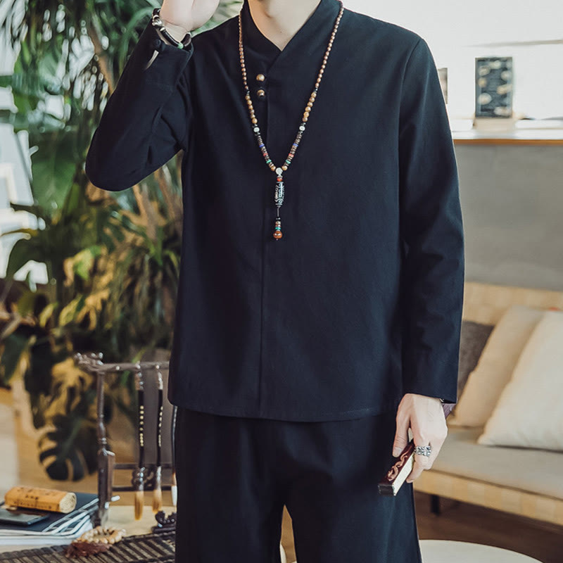Nimara Ritual 2Pcs Shirt Ankle-Length Pants With Pockets Men's Meditation Cloth Set
