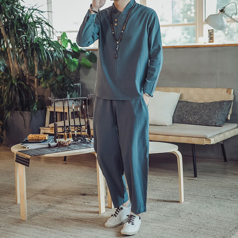 Nimara Ritual 2Pcs Shirt Ankle-Length Pants With Pockets Men's Meditation Cloth Set