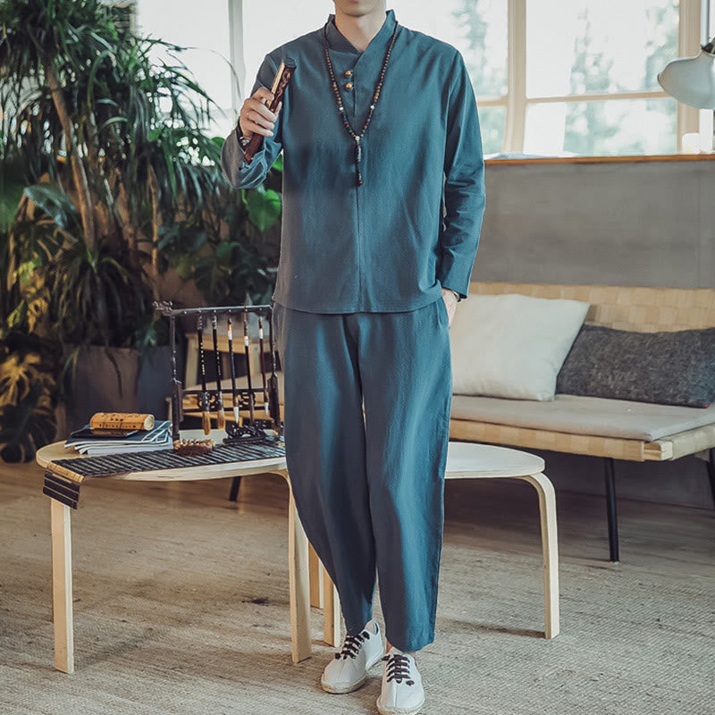 Nimara Ritual 2Pcs Shirt Ankle-Length Pants With Pockets Men's Meditation Cloth Set