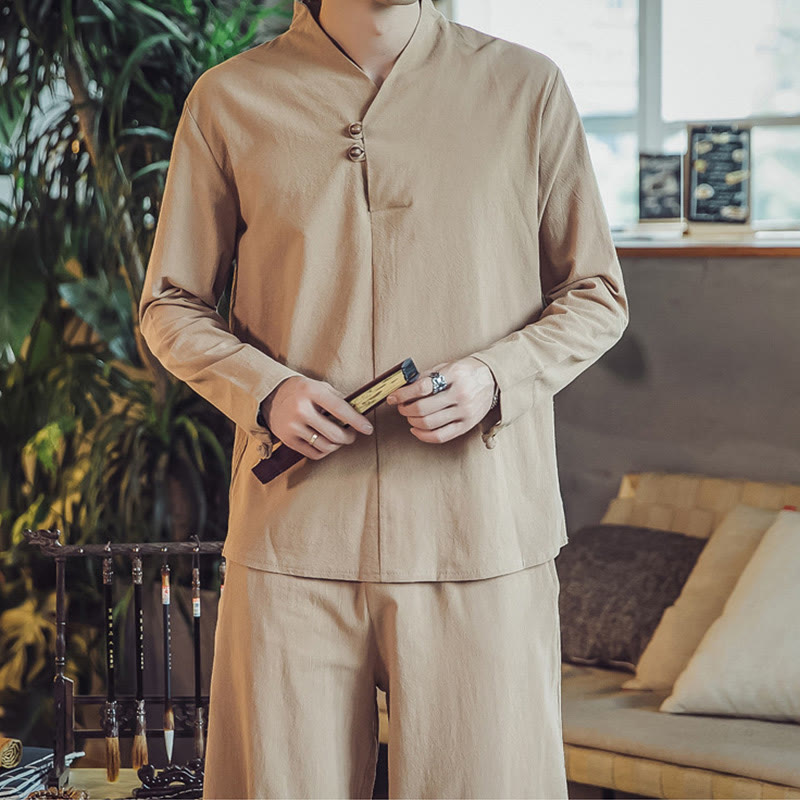Nimara Ritual 2Pcs Shirt Ankle-Length Pants With Pockets Men's Meditation Cloth Set