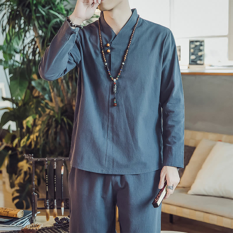 Nimara Ritual 2Pcs Shirt Ankle-Length Pants With Pockets Men's Meditation Cloth Set