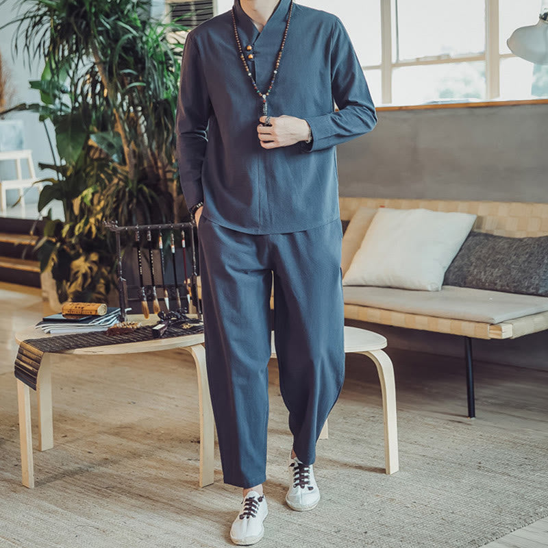 Nimara Ritual 2Pcs Shirt Ankle-Length Pants With Pockets Men's Meditation Cloth Set