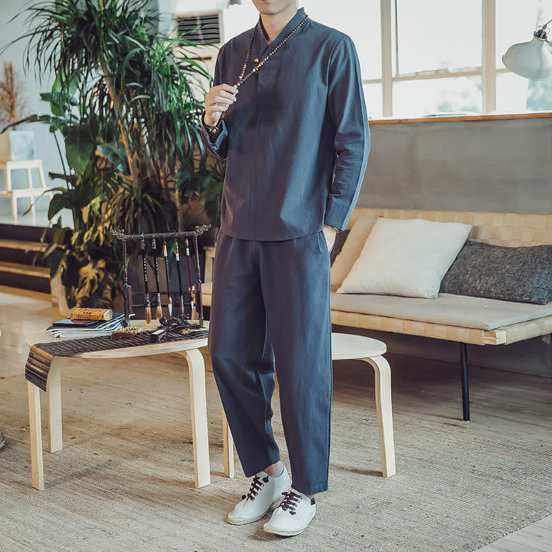 Nimara Ritual 2Pcs Shirt Ankle-Length Pants With Pockets Men's Meditation Cloth Set