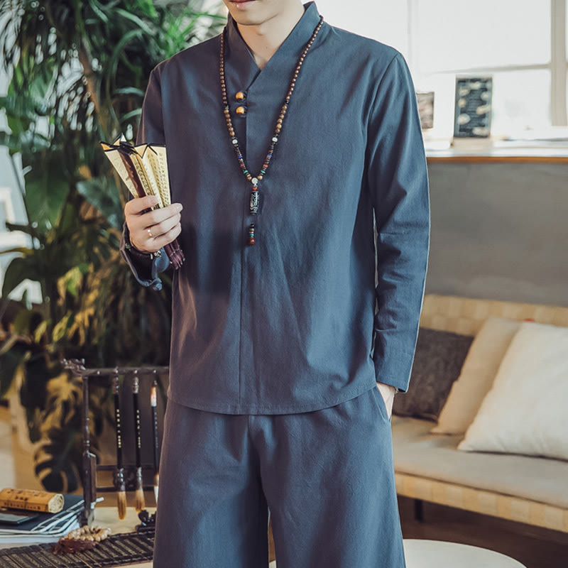 Nimara Ritual 2Pcs Shirt Ankle-Length Pants With Pockets Men's Meditation Cloth Set