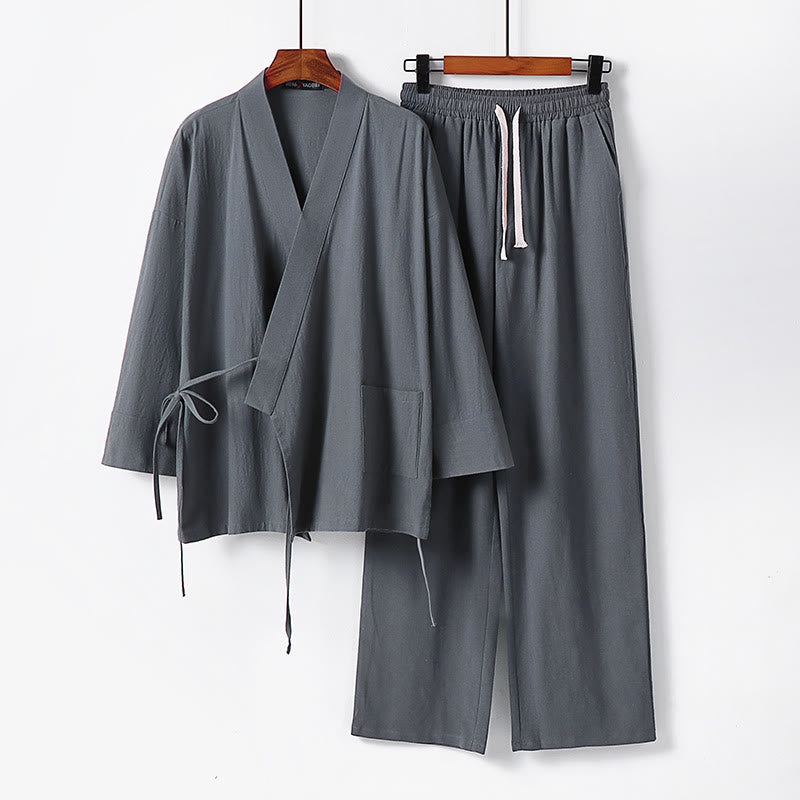 Nimara Ritual 2Pcs Lace-up Cotton Linen Kimono Pants With Pockets Men's Meditation Cloth Set