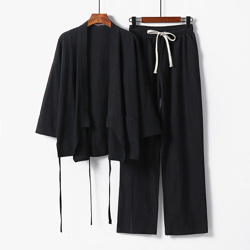 Nimara Ritual 2Pcs Lace-up Cotton Linen Kimono Pants With Pockets Men's Meditation Cloth Set