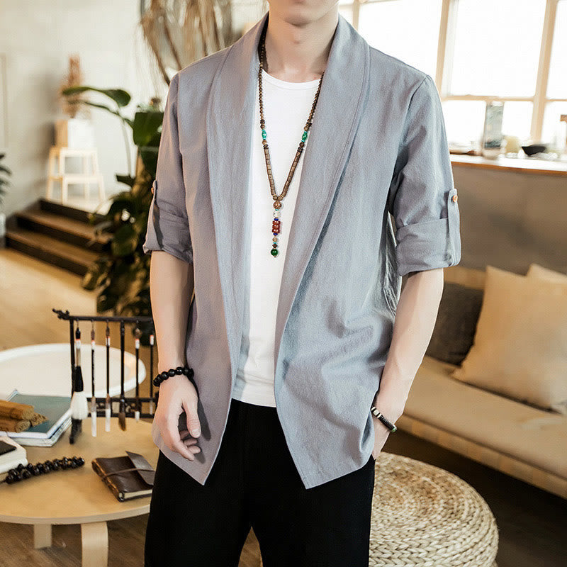 Nimara Ritual Vintage Plain Lapel Open Front Jacket Cotton Men's Kimono