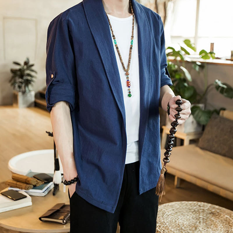 Nimara Ritual Vintage Plain Lapel Open Front Jacket Cotton Men's Kimono