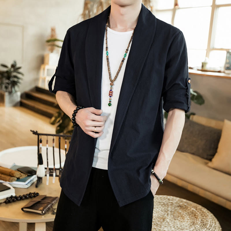 Nimara Ritual Vintage Plain Lapel Open Front Jacket Cotton Men's Kimono