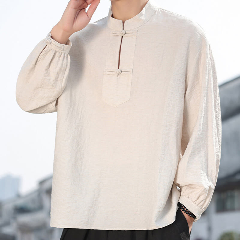 Nimara Ritual Two Frog-Button Stand Collar Long Sleeve Men's Cotton Shirt