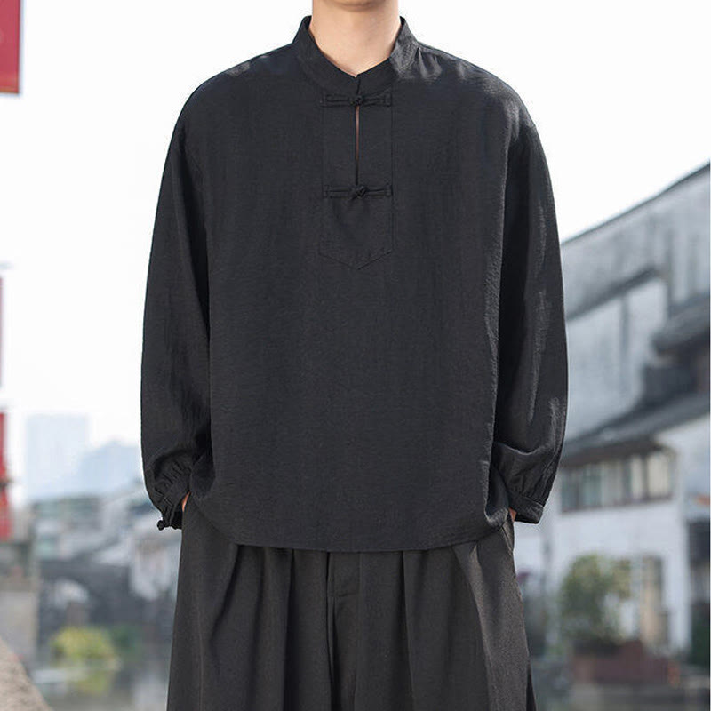 Nimara Ritual Two Frog-Button Stand Collar Long Sleeve Men's Cotton Shirt
