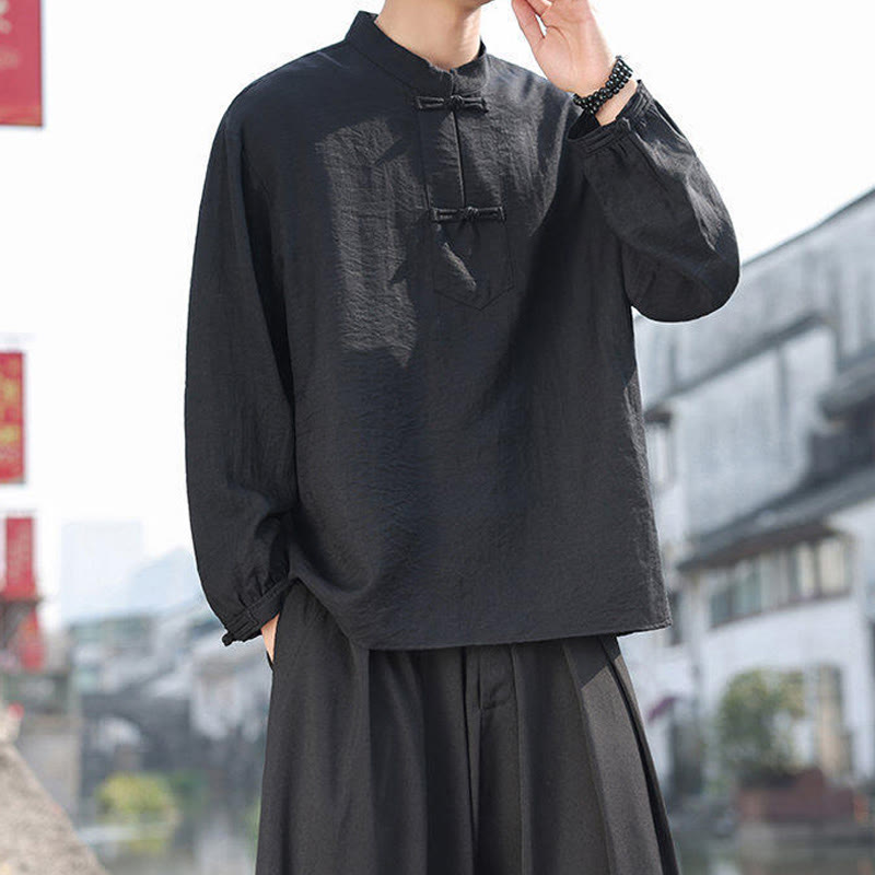 Nimara Ritual Two Frog-Button Stand Collar Long Sleeve Men's Cotton Shirt