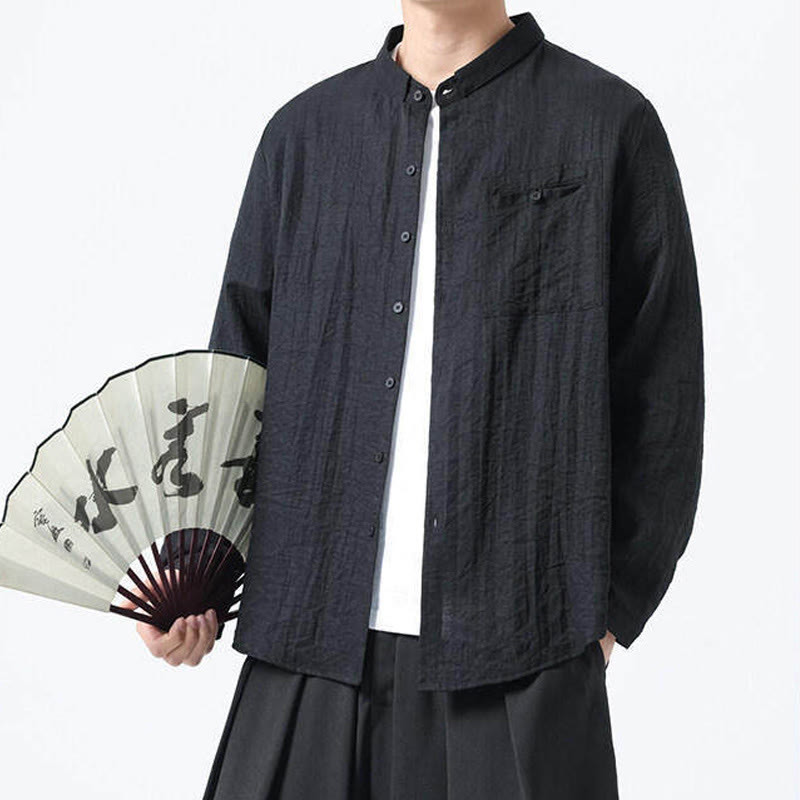 Nimara Ritual Vintage Plain Buttons Down Stand Collar Long Sleeve Men's Cotton Shirt
