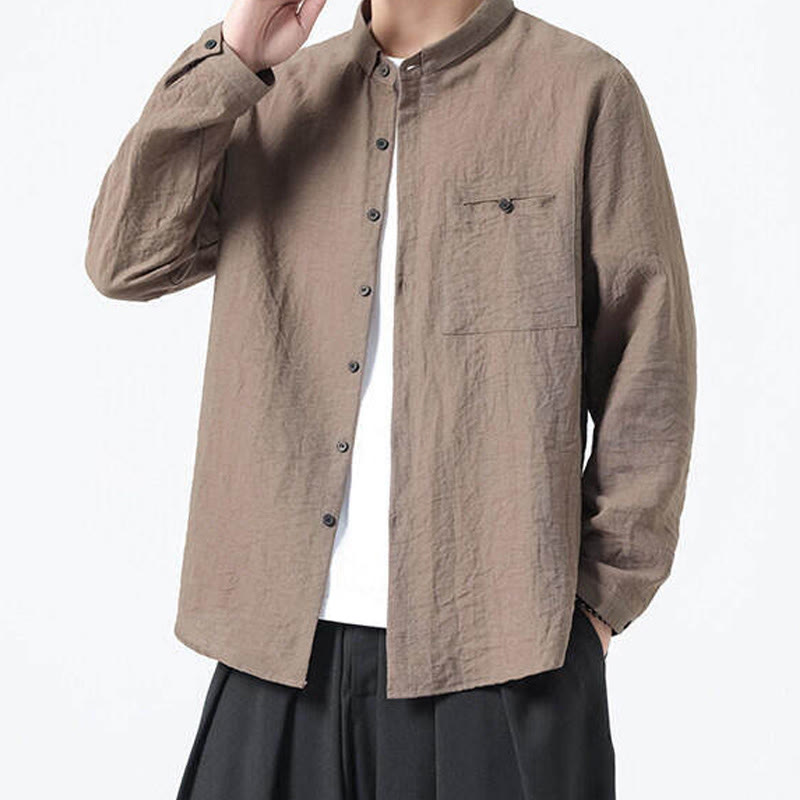 Nimara Ritual Vintage Plain Buttons Down Stand Collar Long Sleeve Men's Cotton Shirt