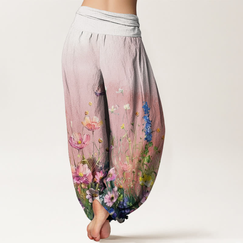 Nimara Ritual Cotton Casual Watercolor Style Floral Pattern Women's Elastic Waist Harem Pants