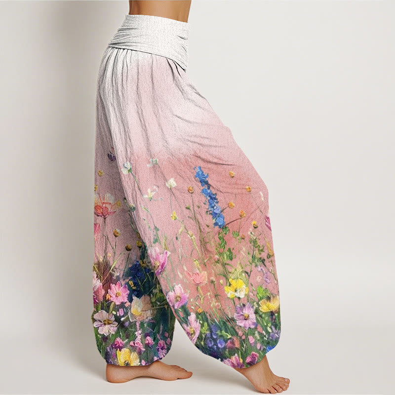 Nimara Ritual Cotton Casual Watercolor Style Floral Pattern Women's Elastic Waist Harem Pants
