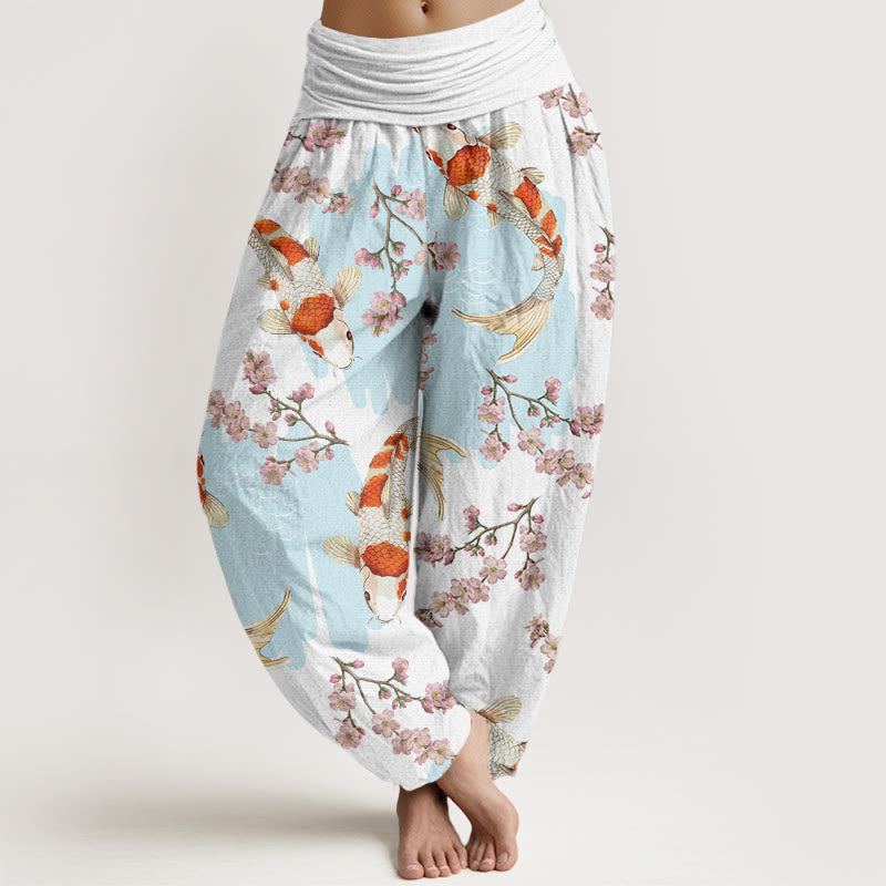 Nimara Ritual Cotton Casual Koi Fish Cherry Blossom Pattern Women's Elastic Waist Harem Pants