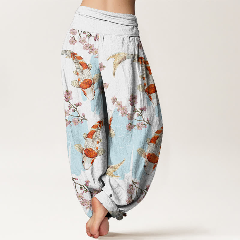 Nimara Ritual Cotton Casual Koi Fish Cherry Blossom Pattern Women's Elastic Waist Harem Pants