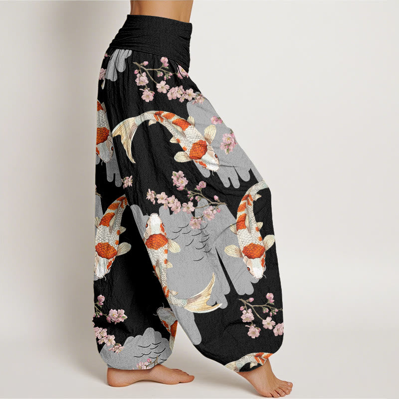 Nimara Ritual Cotton Casual Koi Fish Cherry Blossom Pattern Women's Elastic Waist Harem Pants