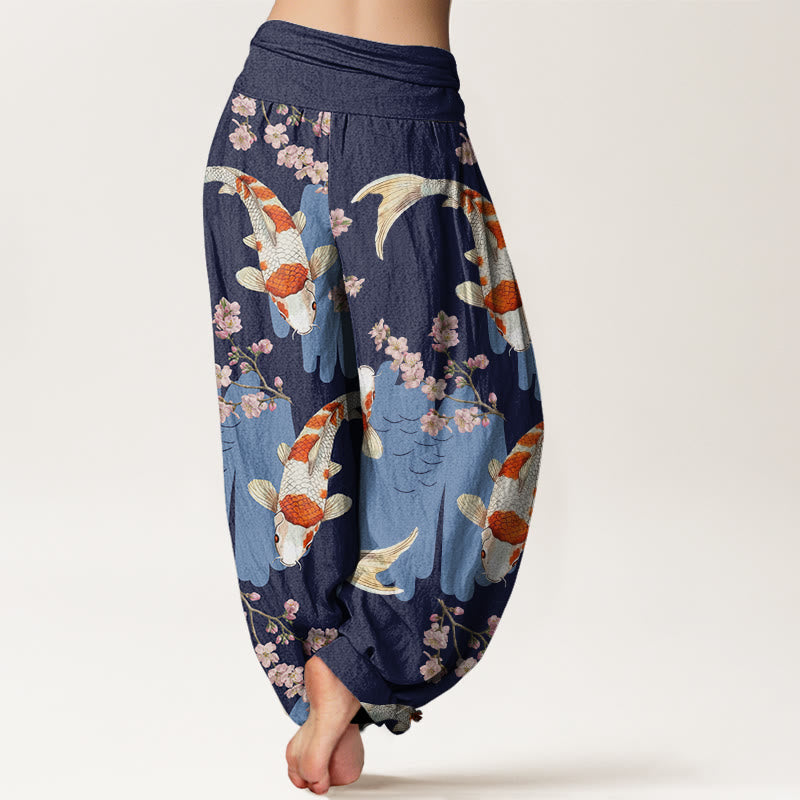 Nimara Ritual Cotton Casual Koi Fish Cherry Blossom Pattern Women's Elastic Waist Harem Pants