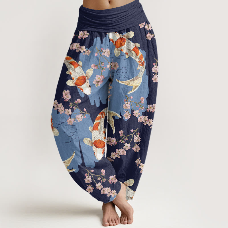 Nimara Ritual Cotton Casual Koi Fish Cherry Blossom Pattern Women's Elastic Waist Harem Pants
