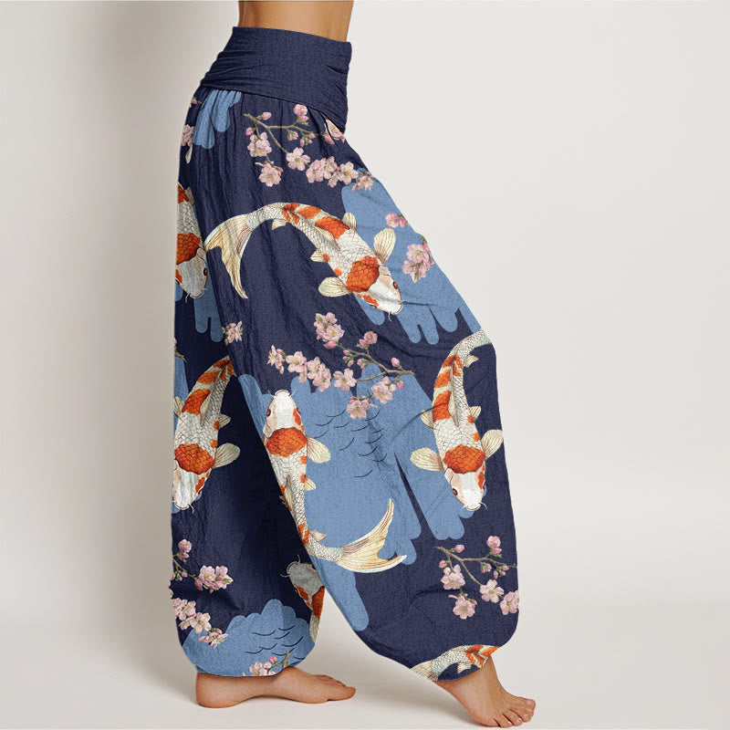 Nimara Ritual Cotton Casual Koi Fish Cherry Blossom Pattern Women's Elastic Waist Harem Pants
