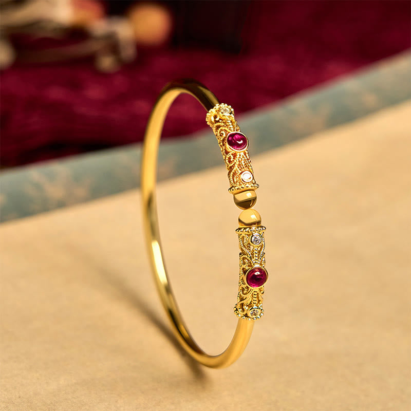 Nimara Ritual Golden Flower Pattern Red Zircon Amber Copper Luck Cuff Bracelet Bangle