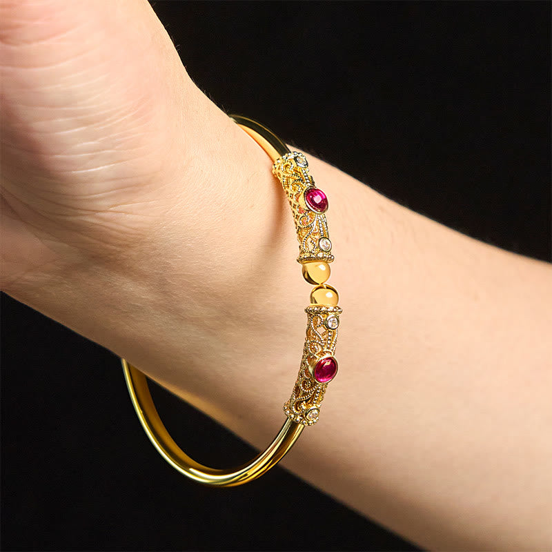 Nimara Ritual Golden Flower Pattern Red Zircon Amber Copper Luck Cuff Bracelet Bangle