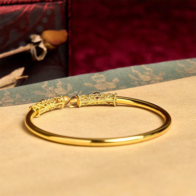 Nimara Ritual Golden Flower Pattern Red Zircon Amber Copper Luck Cuff Bracelet Bangle