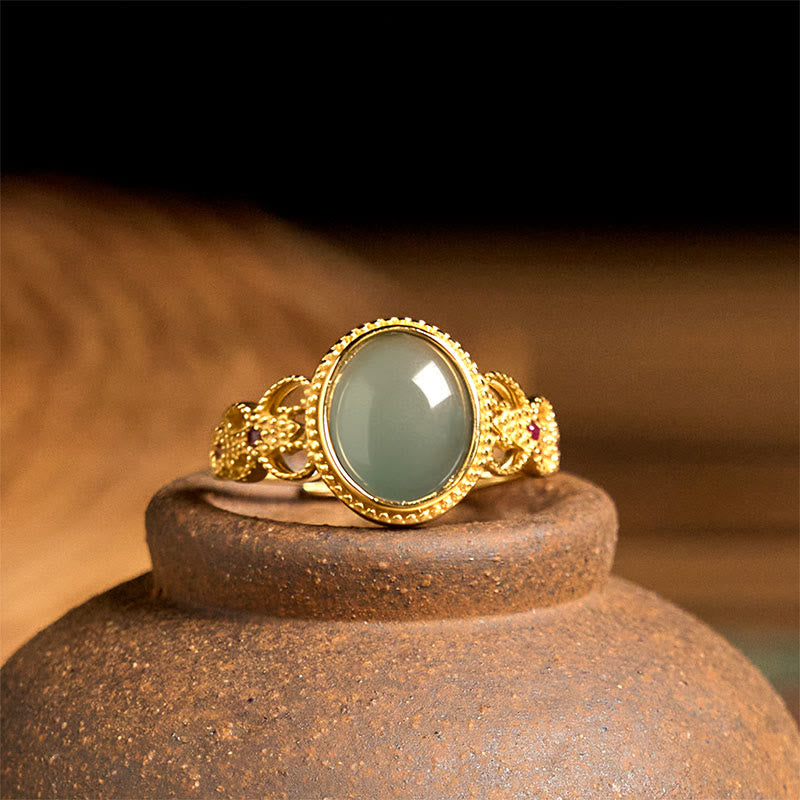 Nimara Ritual Natural 925 Sterling Silver Plated Gold Hollow Design Jade Luck Ring